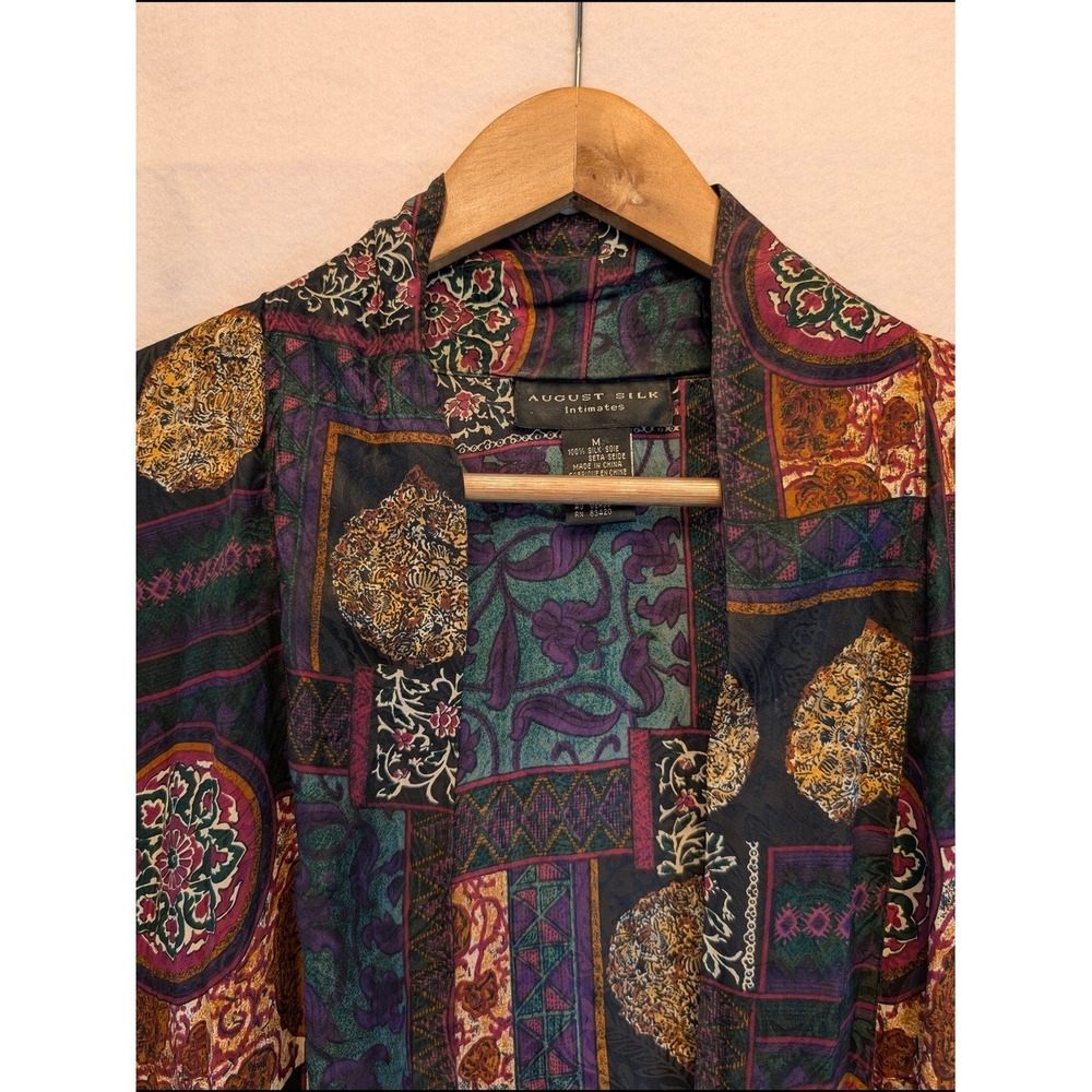 August Silk Intimates 100% Silk Kimono Robe Patchwork Tapestry Green Purple - Picture 3 of 11